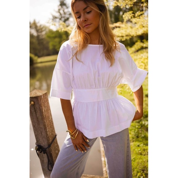 Easy Clothes Tops - Easy Clothes White Peplum Top Back Bow Tie Flare Sleeve Made in Italy